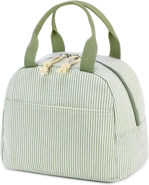 Sage stripe insulated lunch bag — selected front view