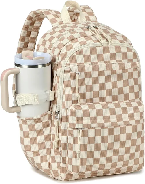 Brown checkered corduroy backpack — selected front view