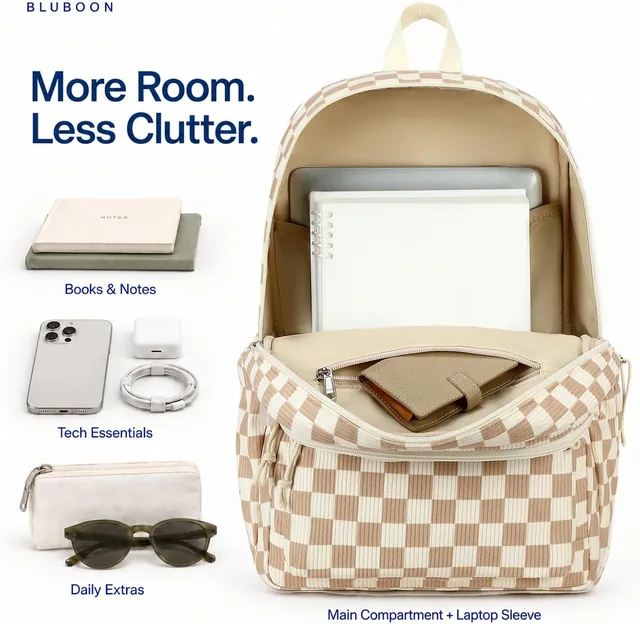 Brown checkered corduroy backpack — product view 2