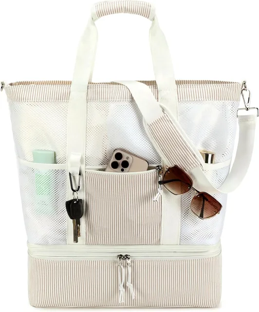 Striped mesh beach tote — selected front view