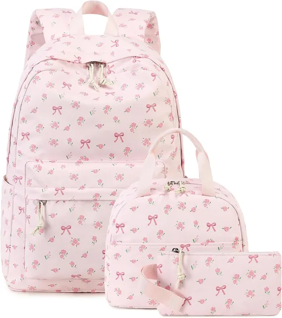 Pink bow school backpack set — selected front view