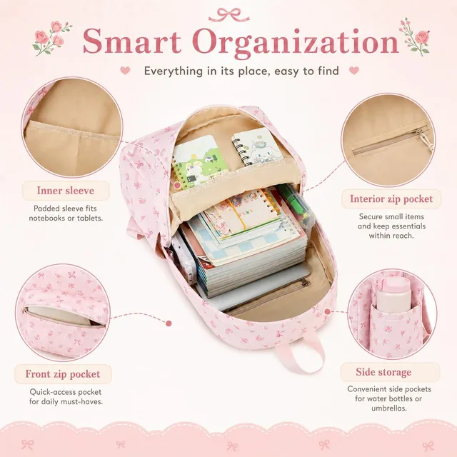 Pink bow school backpack set — product view 2