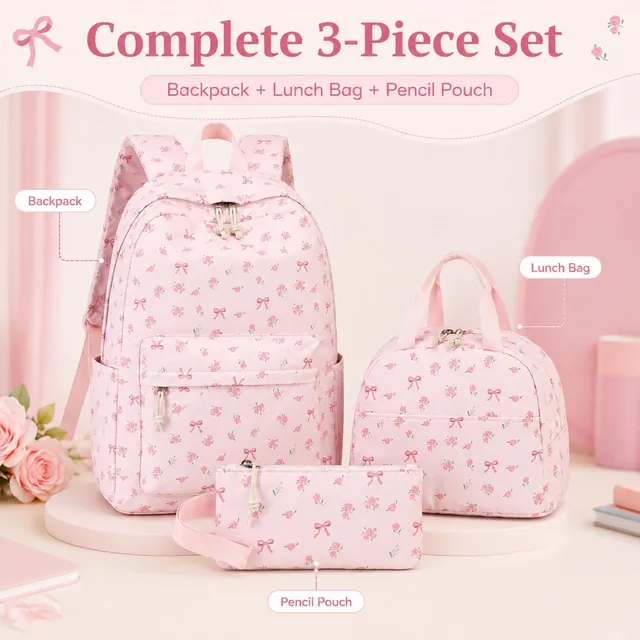 Pink bow school backpack set — product view 6
